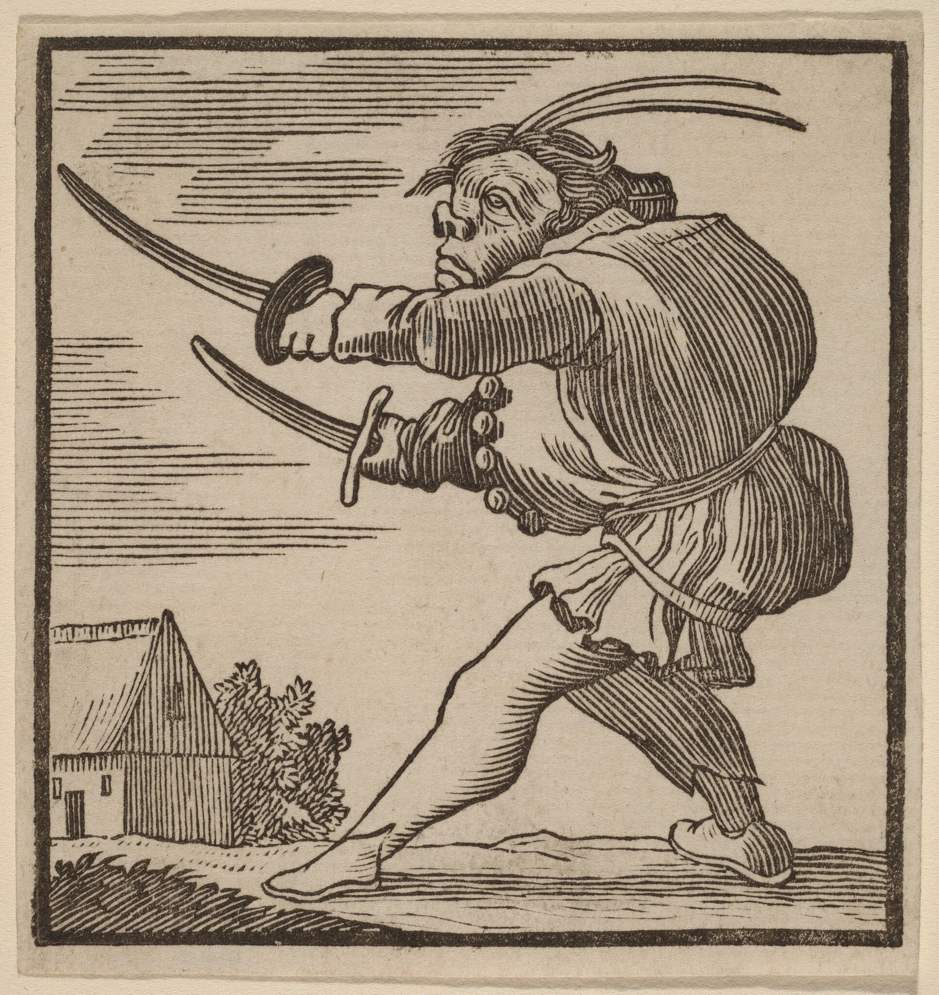 Hunchback Brandishing Two Swords, by H. Numan, ink, 1770