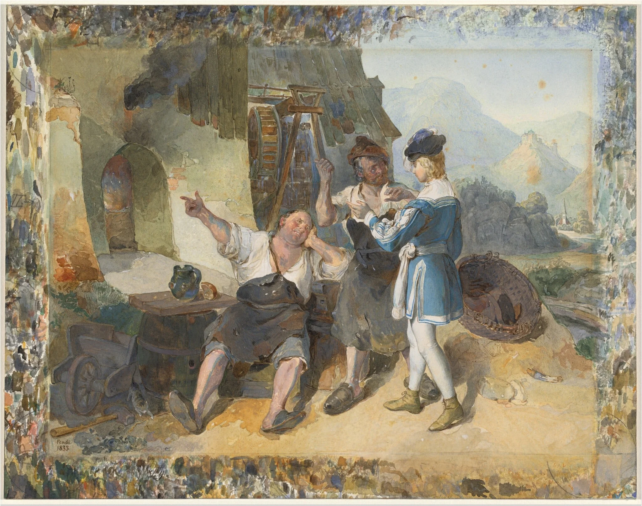 Fridolin and Two Workmen by the Forge, by Peter Fendi, gouache, 1833
