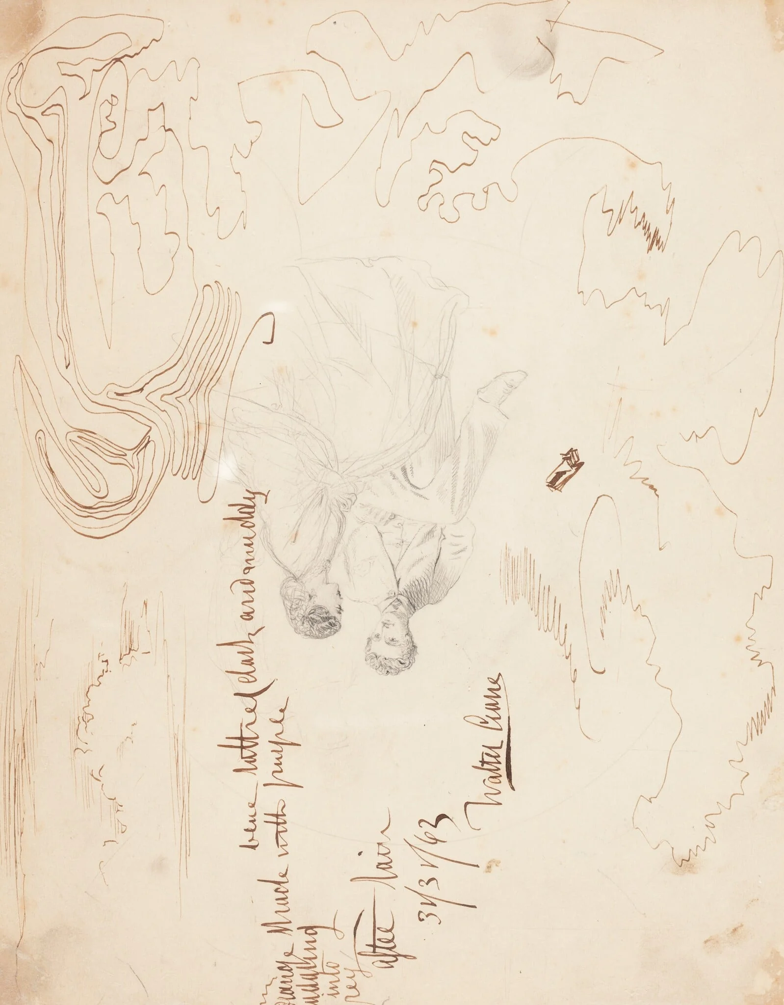 Sketch of a Couple Seated with Cloud Studies [verso], by Walter Crane, ink, 1863