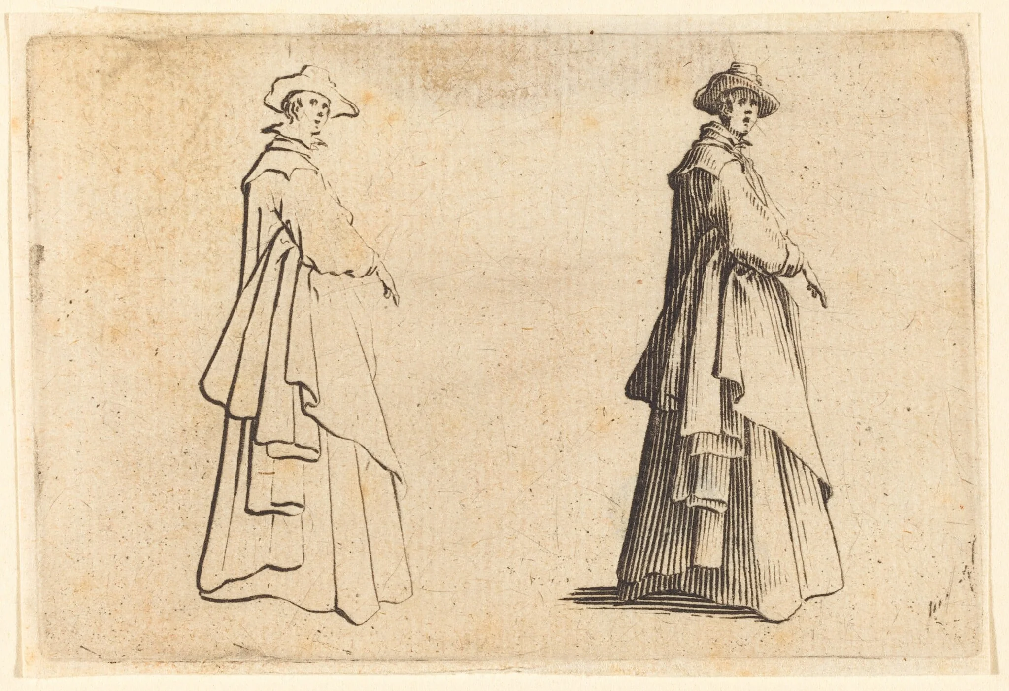 Lady in a Large Coat, by Jacques Callot, ink, 1622