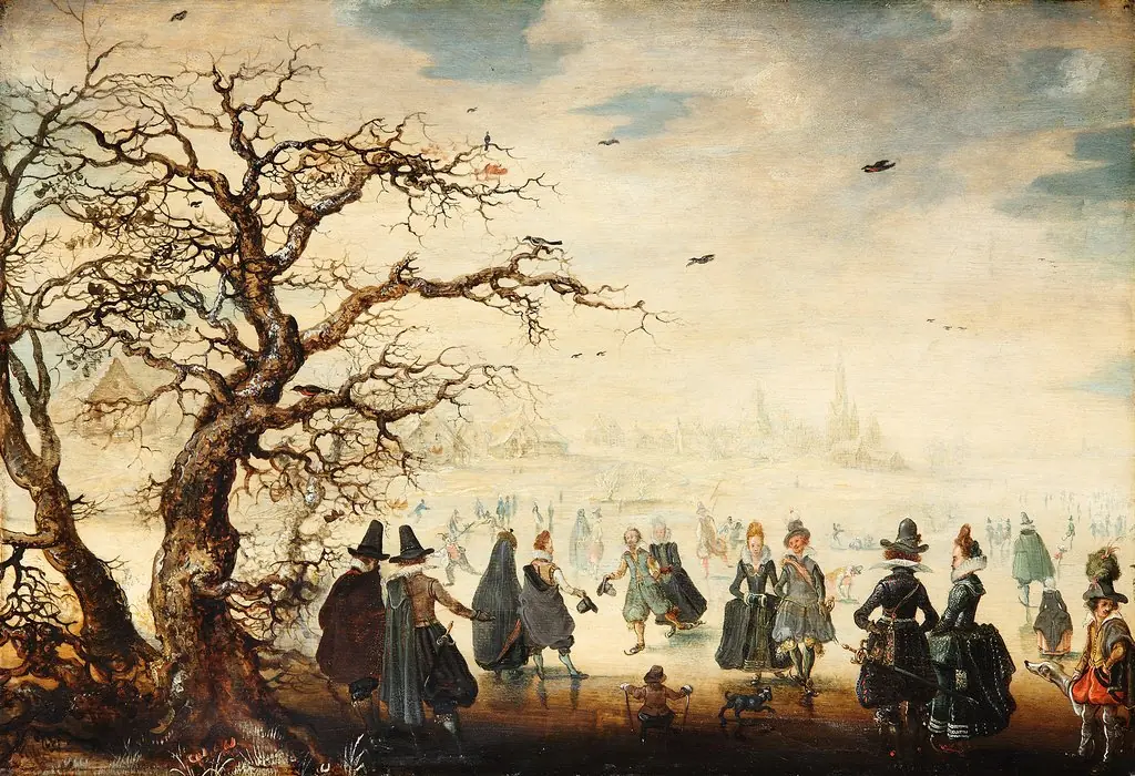 Winter landscape with elegant figures ice-skating