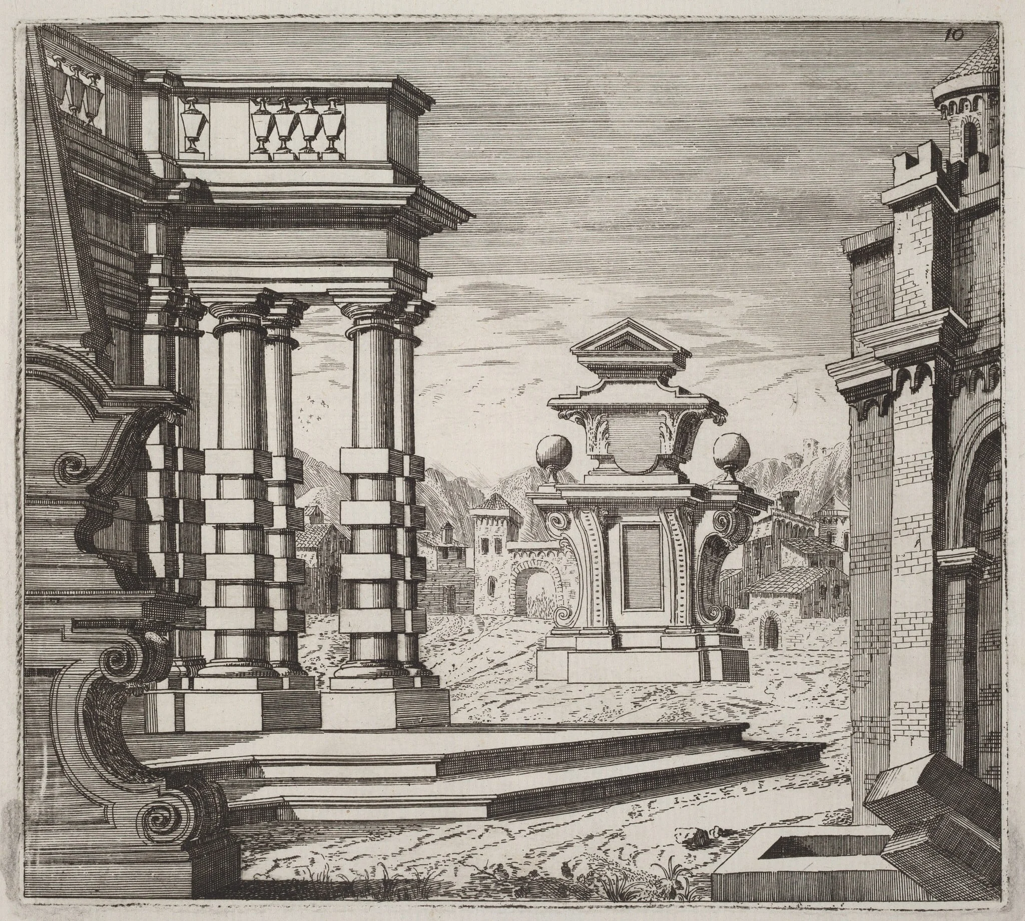 Architectural Fantasy with Portals and Monuments, by Giuseppe Antonio Landi, ink, 1753