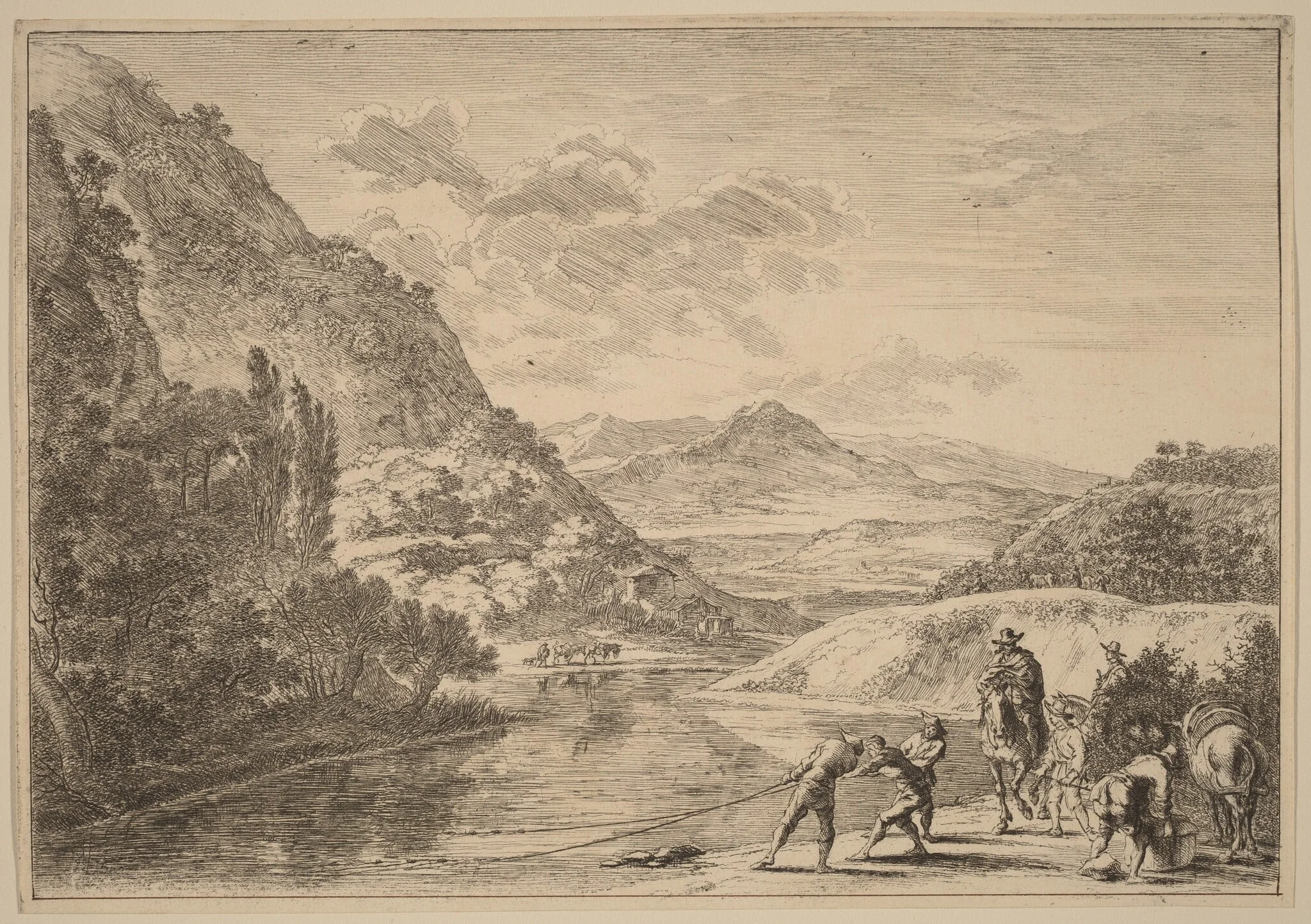 Fishermen at the Tiber, near the Soracte, by Jan Both, ink, 1700