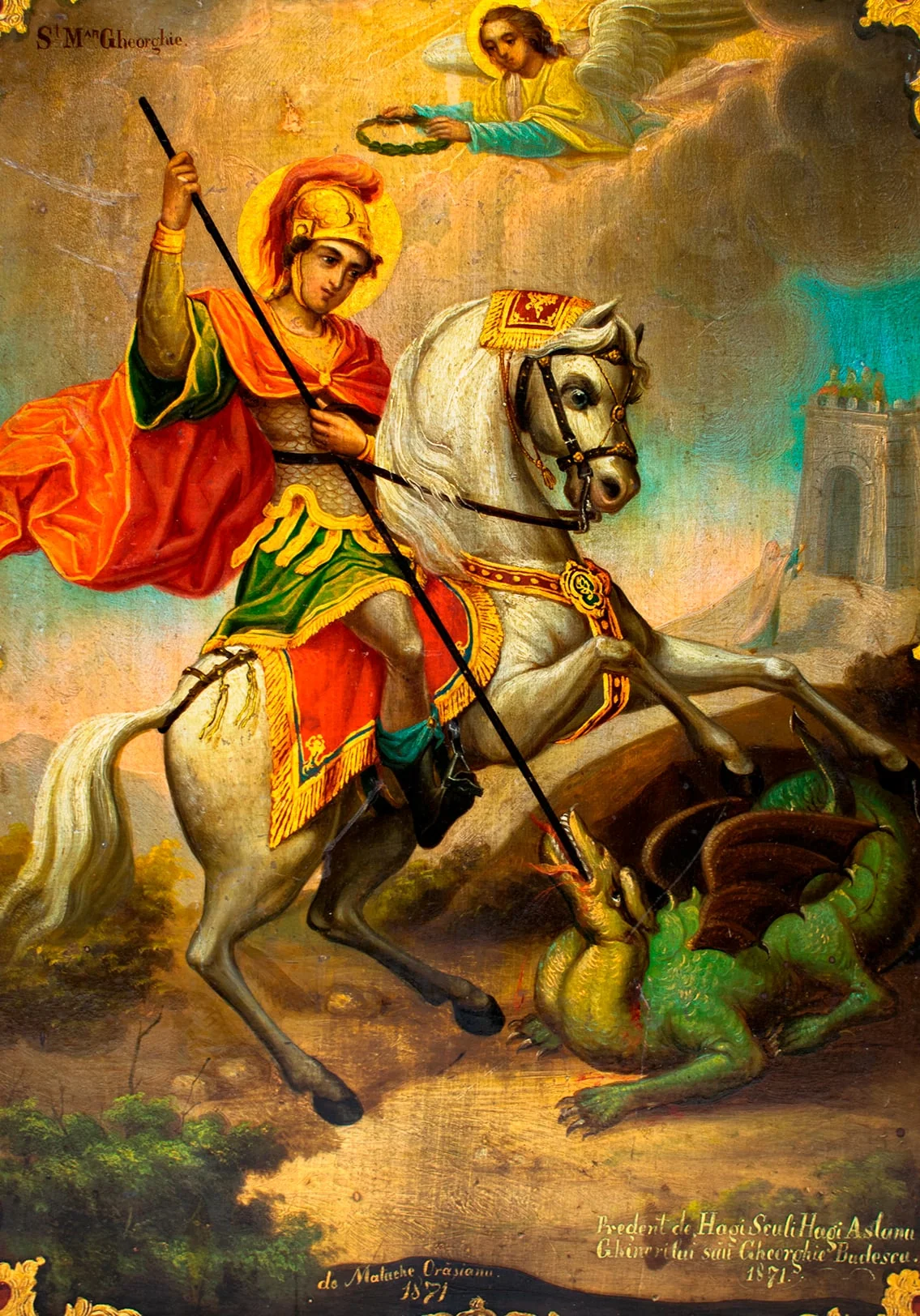Tema iconografică este "Sfântul Gheorghe omorînd balaurul", realizată într-un stil neoclasic cu accente romantice. Sfântul Gheorghe, înveșmântat ostășește(tipic epocii medievale, cămașă de zale, tunică scurtă, verde, cu franjuri, cizme răsfrânte, mantie roșie, coif metalic cu o pană roșie), călare pe un cal alb, ridicat în două picioare, omoară balaurul cu o suliță. Calul este cabrat, cu harnașament bogat, aurit. Veșmintele sfântului valorate cu auriu. Balaurul,plasat în fața grotei, verde, cu aripi mici, picioare scurte cu gheare, gura cu dinți și două limbi ascuțite. Deasupra, dintr-un nor luminos un înger înaripat îi aduce sfântului cununa muceniciei. Peisajul redat în manieră romantică. Relieful accidentat, cu arbuști redați minuțios în prim plan, iar în plan îndepărtat siluetele unor munți. În dreapta, în depărtare, zidurile cetății proiectate pe fondul cerului care începe să se însenineze. Pe panta dealului, fata de împărat alergând cu brațele întinse către intrarea în cetate. În colțul drept jos este scris textul de dar, central anul și autorul. Icoana este realizată cu măiestrie, paleta cromatică armonioasă, gesturile, proporțiile, respectate. Chenar aurit cu influențe baroce.