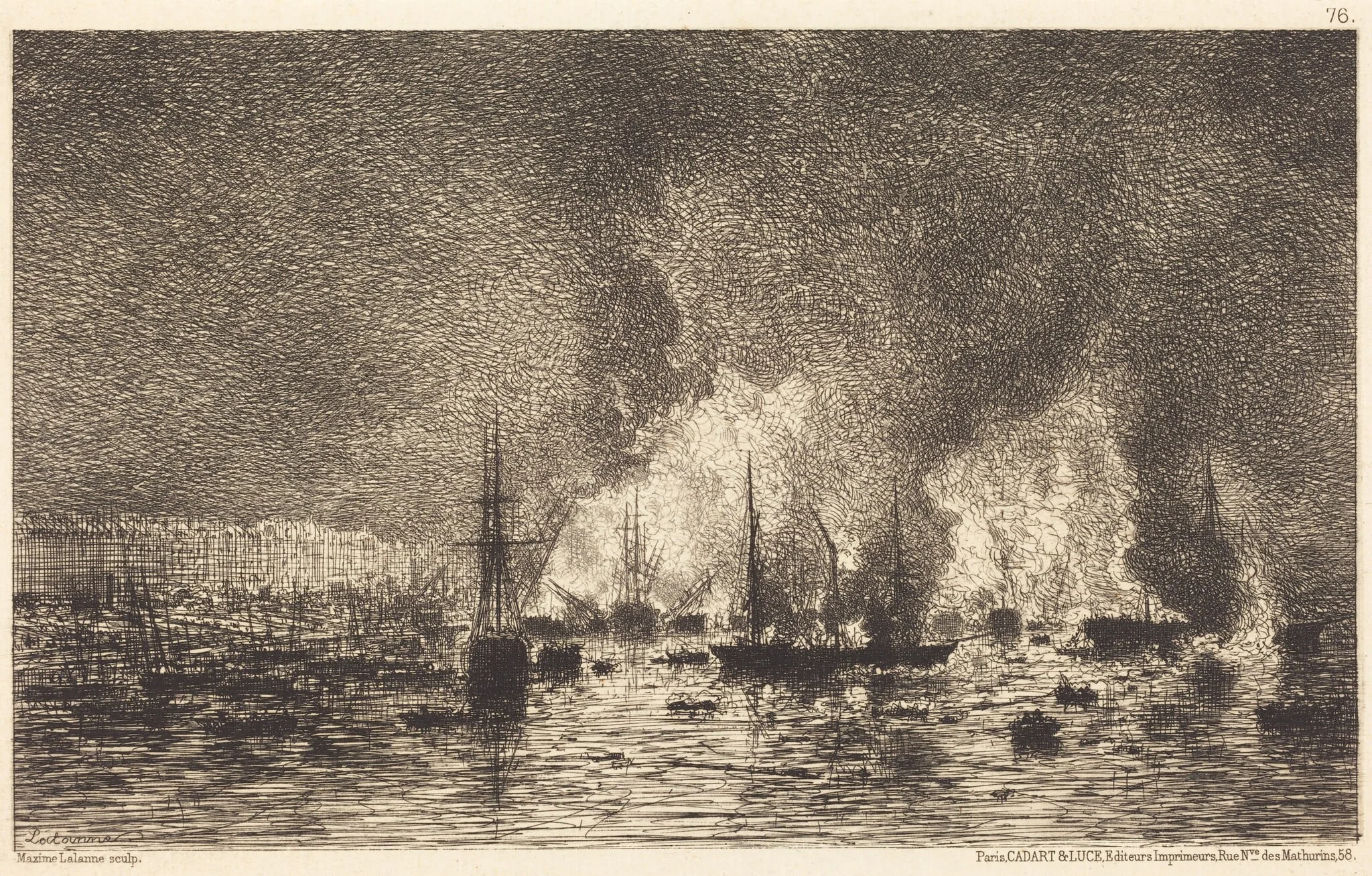Incendie dans le port de Bordeaux, by Maxime Lalanne, ink, 1869