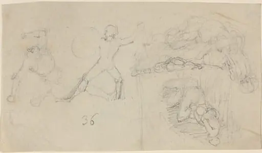 Sheet of Sketches, including Two Warriors Fighting