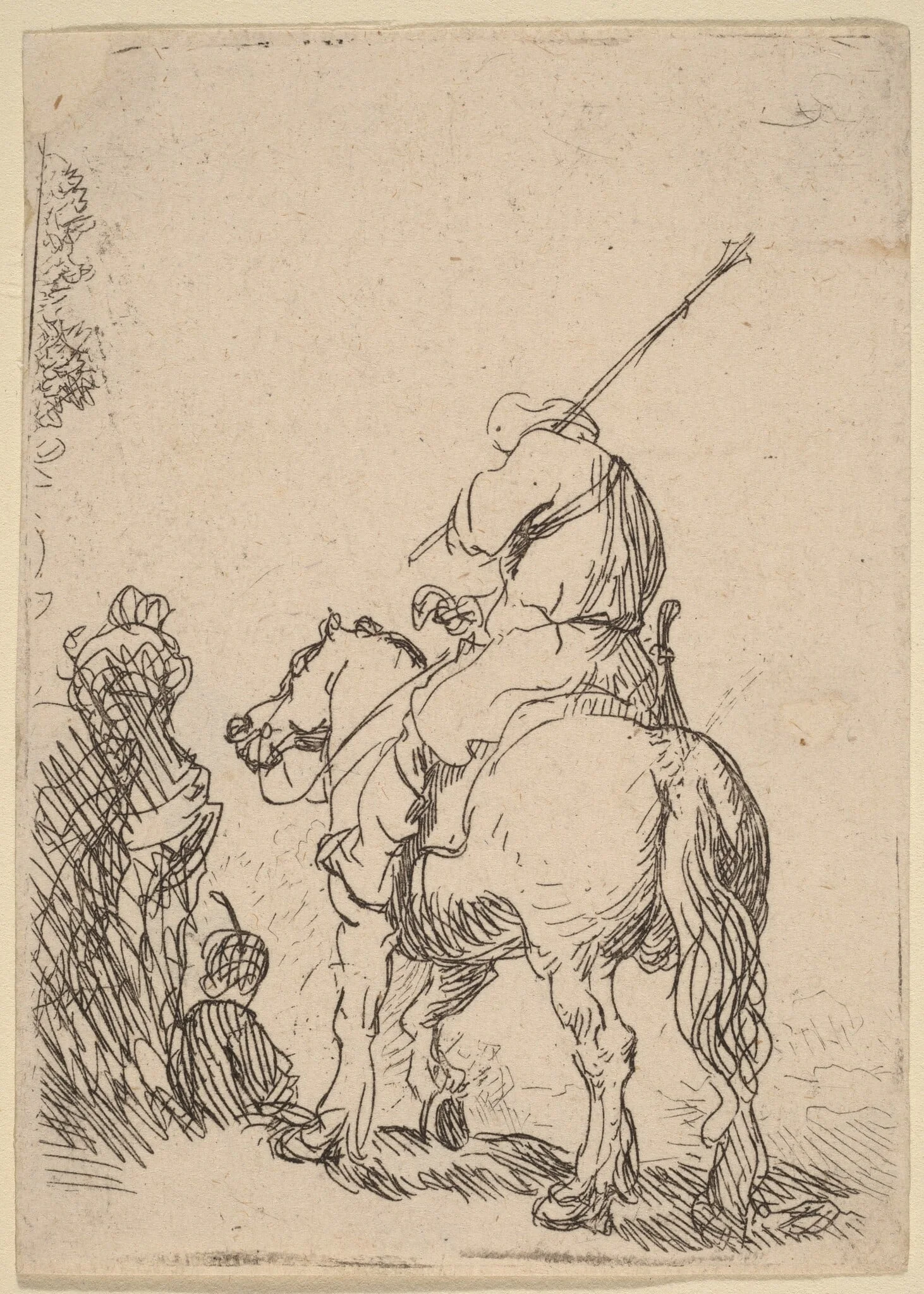 Turbaned Soldier on Horseback, by Rembrandt, ink, 1632