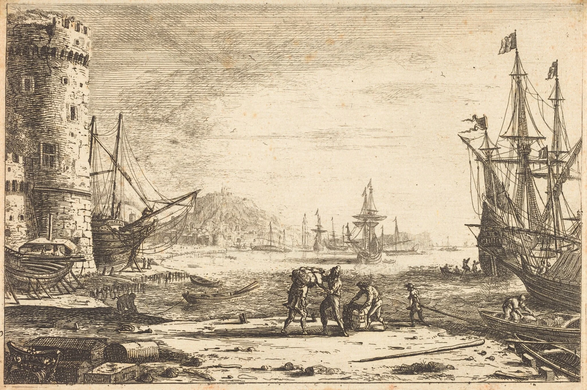 Harbor with a Large Tower (Le Port de mer à la grosse tour), by Claude Lorrain, ink, 1641