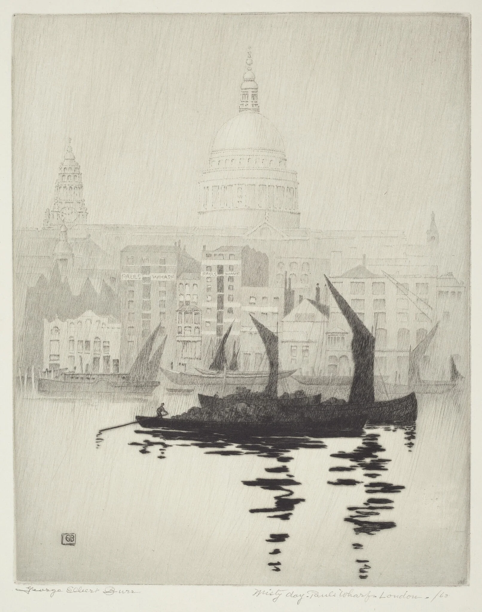 Misty Day, Paul's Wharf, London, by George Elbert Burr, ink, 1928