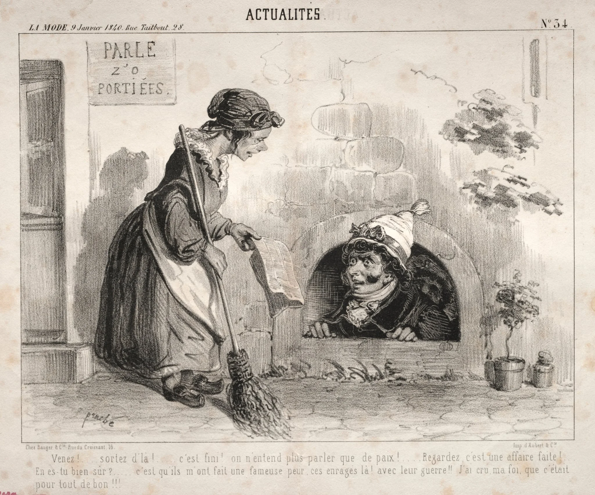 Actualités:  Venez! ...sortez d'la! ... c'est fini!  on n'entend plus parler que de paix!..., by Clémente Pruche, 1840