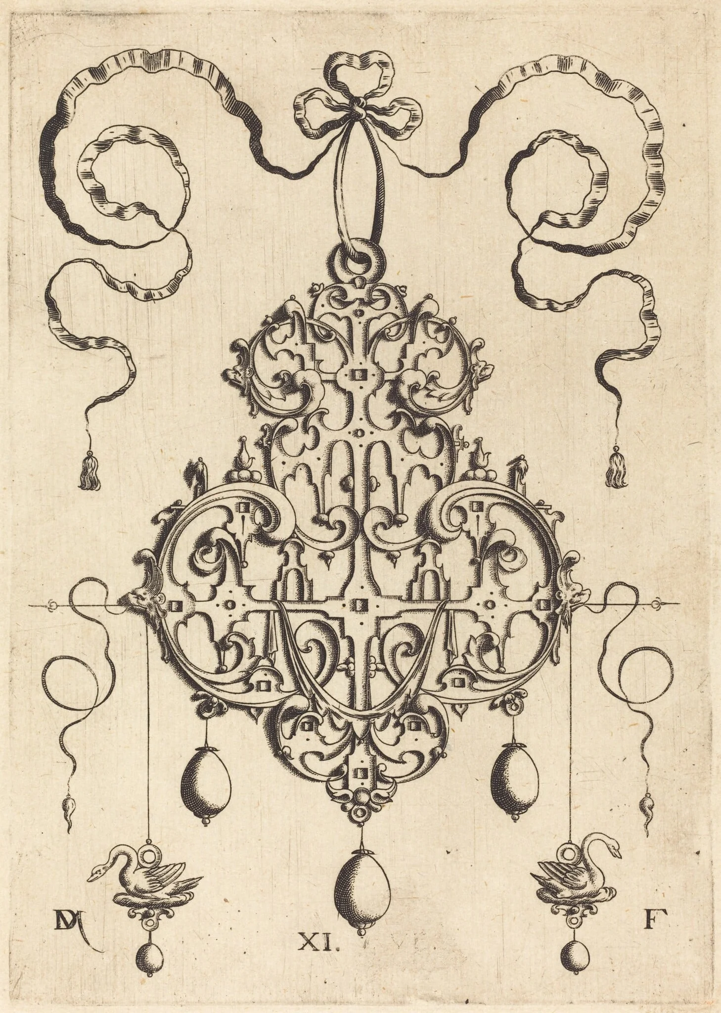 Strapwork Pendant with Two Swans as Earrings at Left and Right