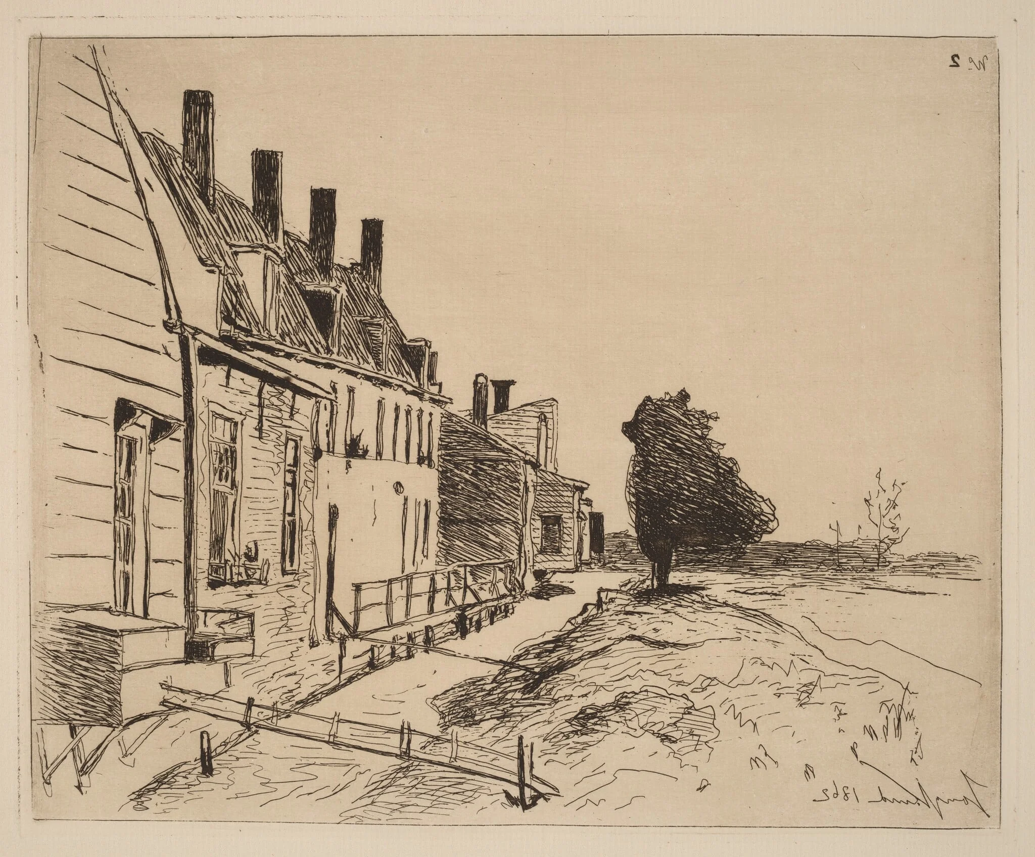 The Houses on the Canal Bank (Les Maisons au bord du canal), by Johan Barthold Jongkind, ink, 1862
