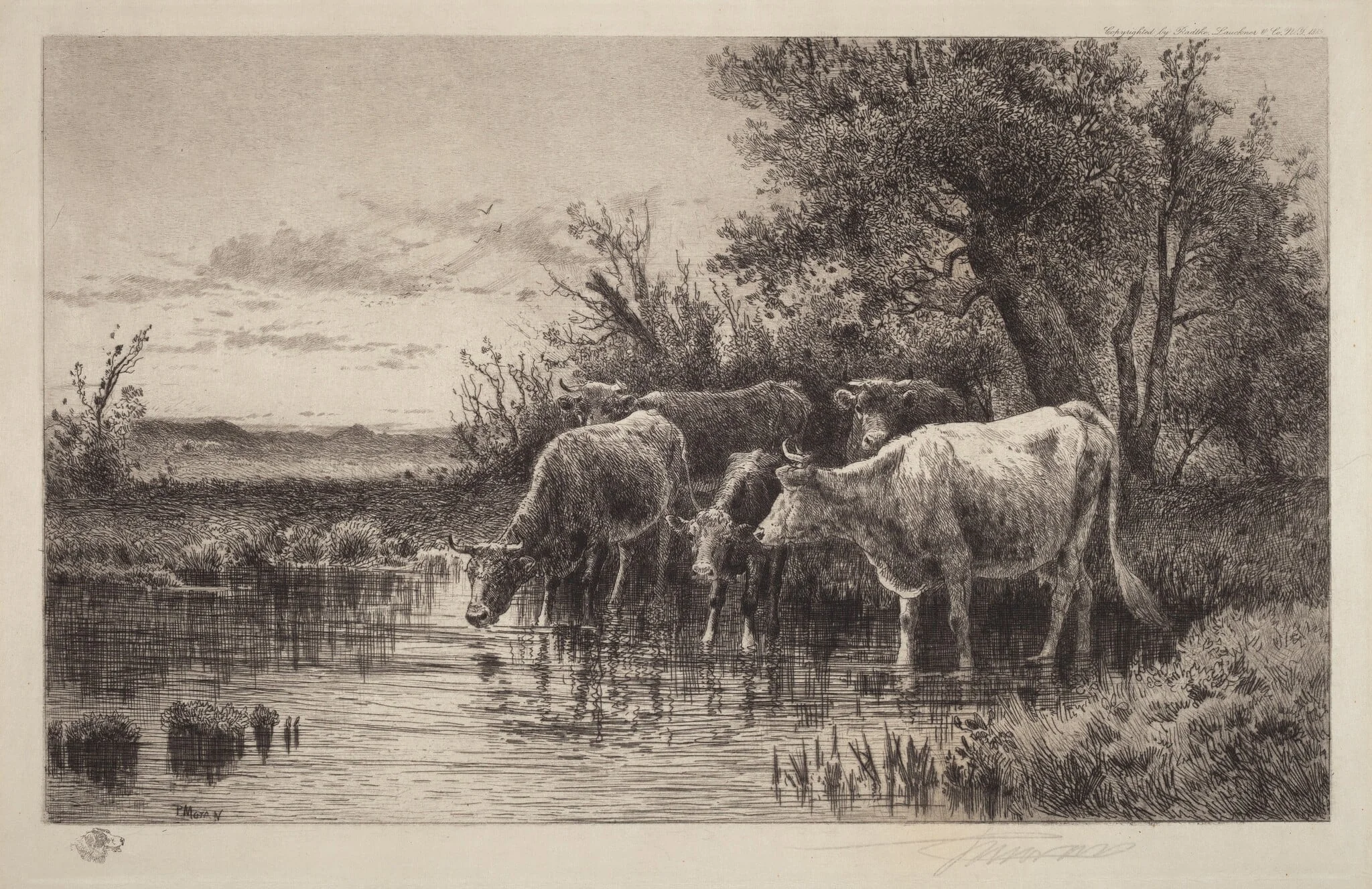 The Evening Hour, by Peter Moran, ink, 1889