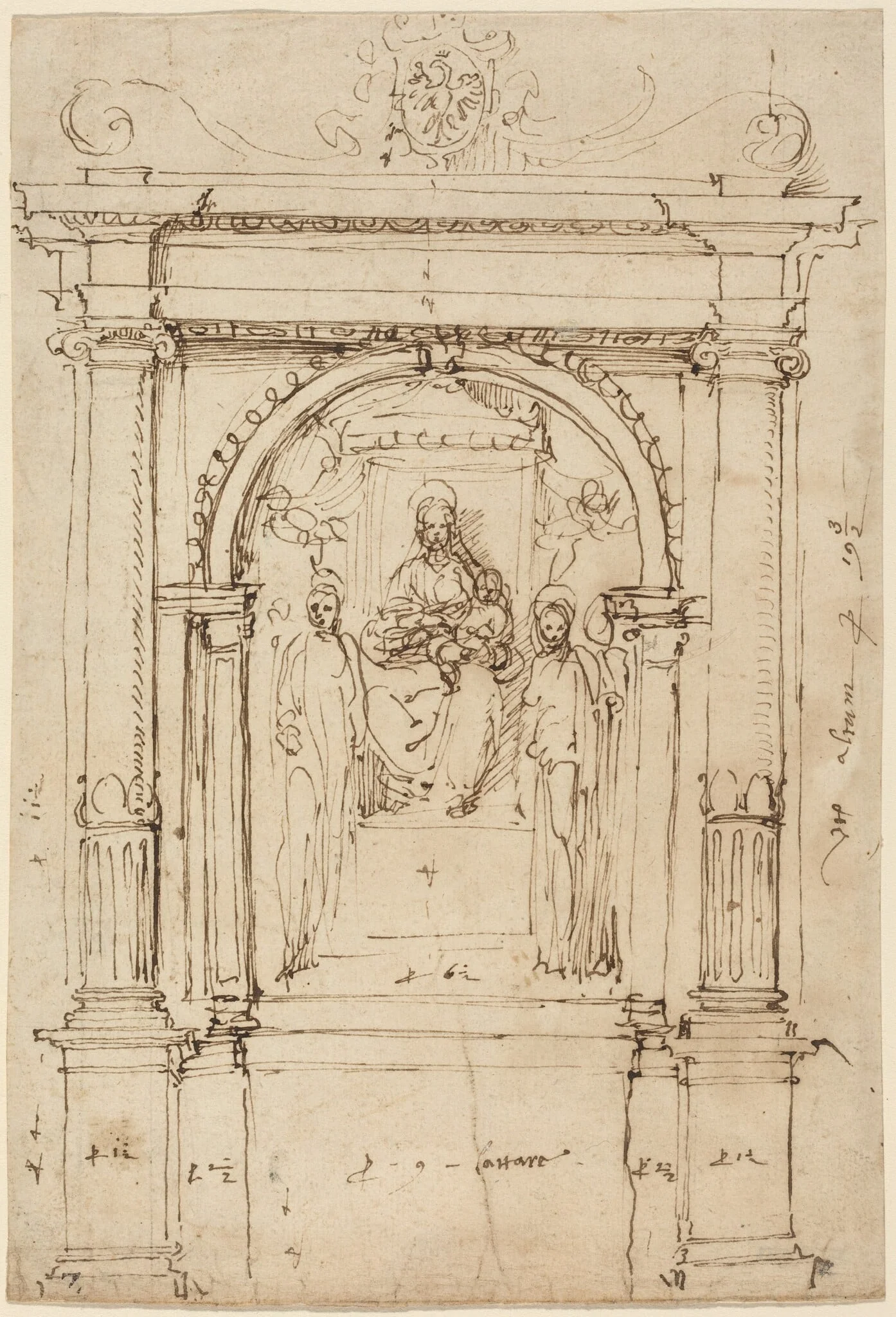 Altarpiece of the Madonna and Child with Saints, in Its Architectural Setting, by Perino del Vaga, ink, 1532