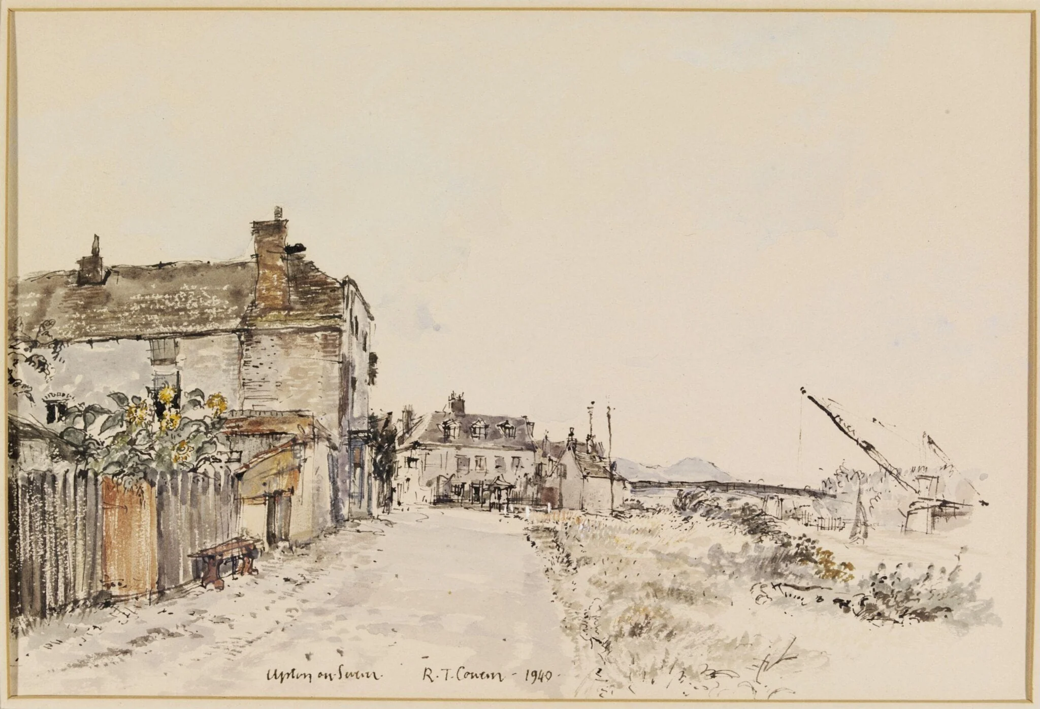 Upton-on-Severn; houses by the river, by Raymond Teague Cowern, watercolor, 1940