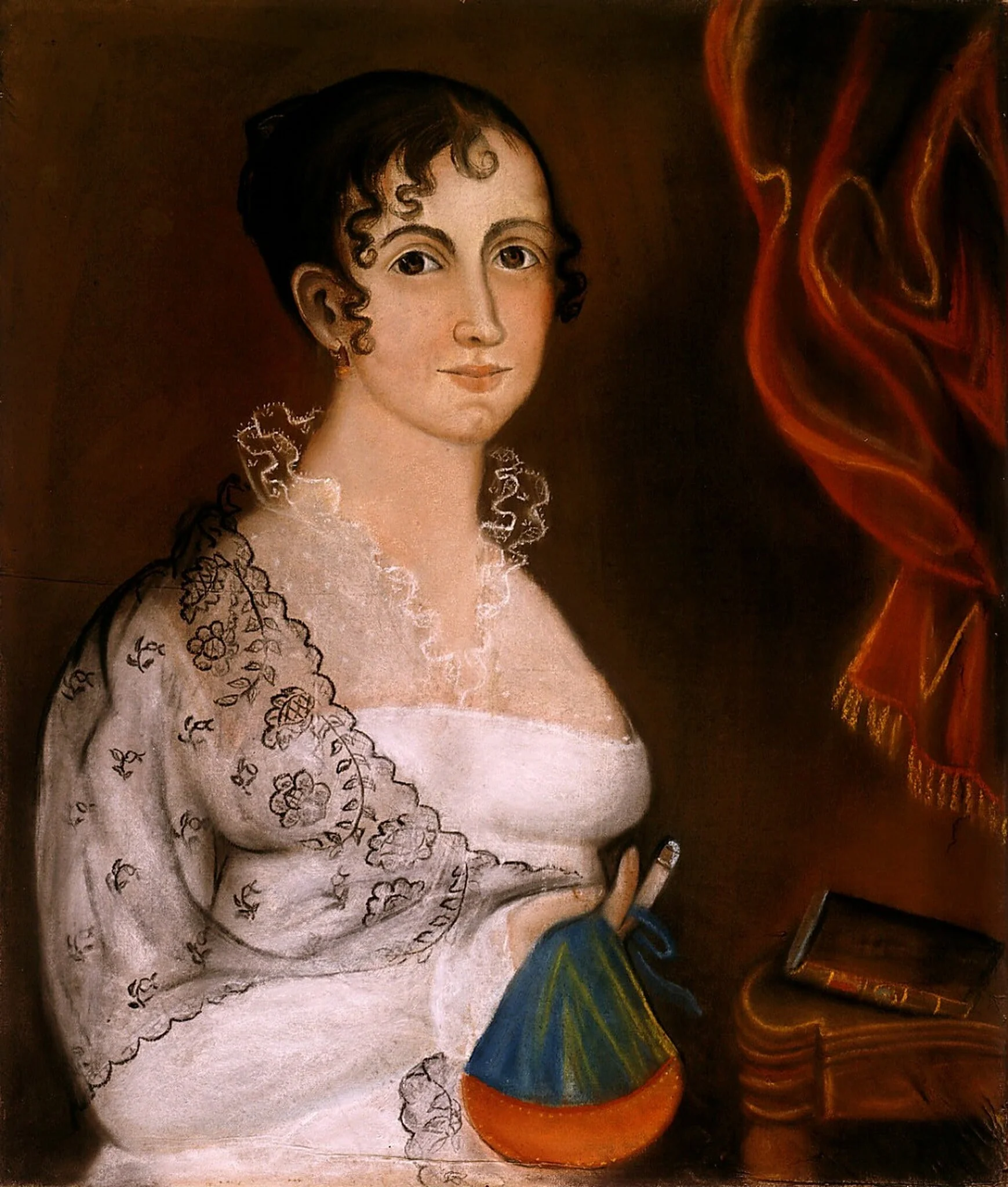 Lady with Red and Blue Sewing Bag, by American 19th Century, pastel, 1815