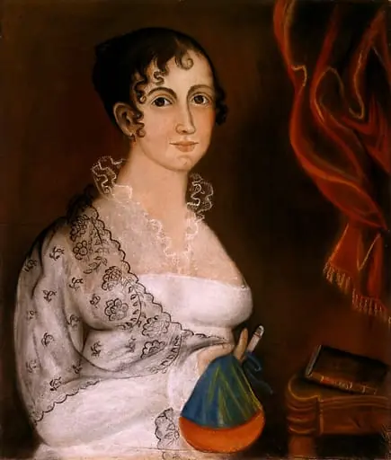 Lady with Red and Blue Sewing Bag