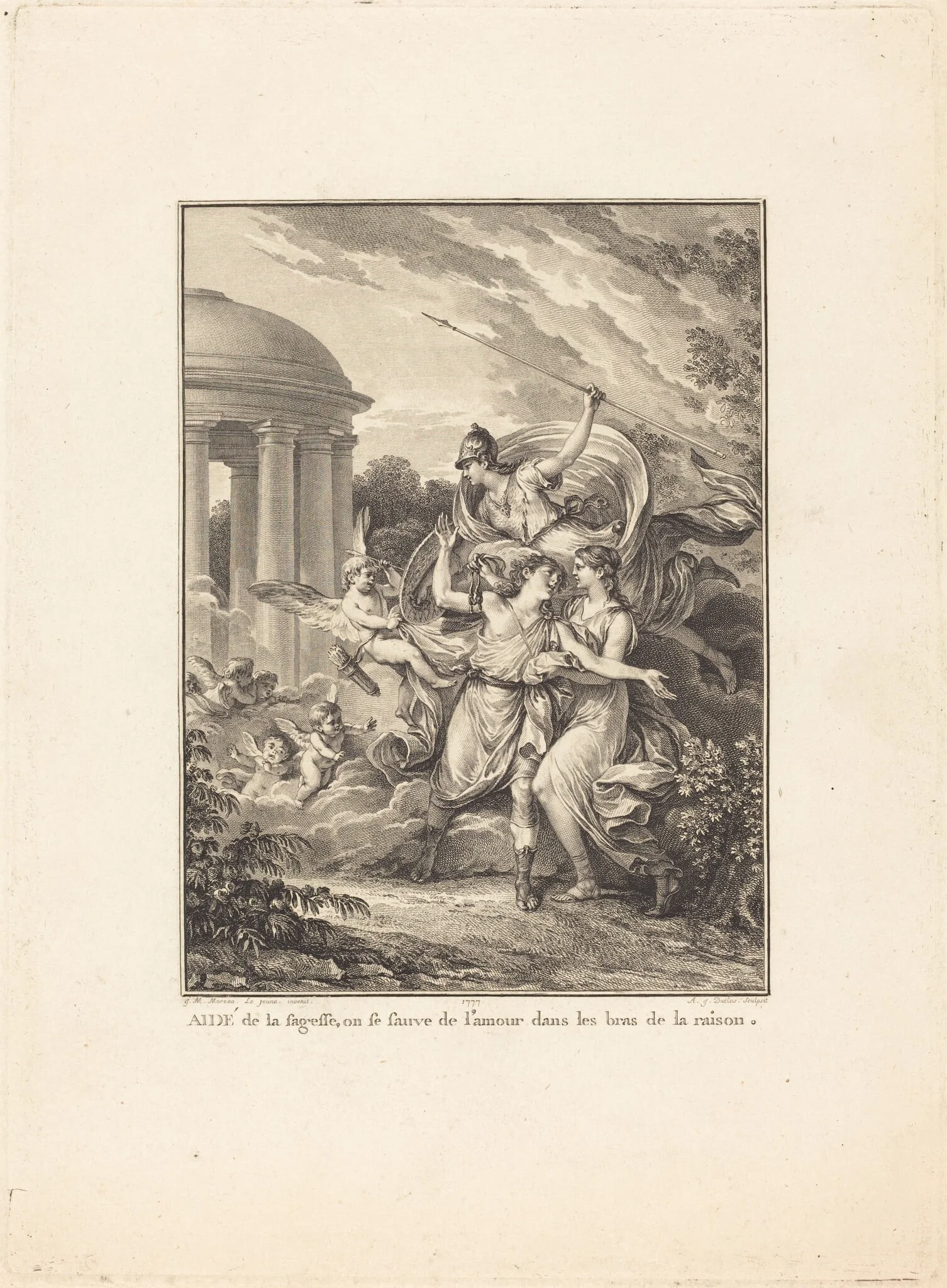 Frontispiece: Aidé de la sagesse, on se sauve de l'amour dans les bras de la raison, by Antoine-Jean Duclos, ink, 1777