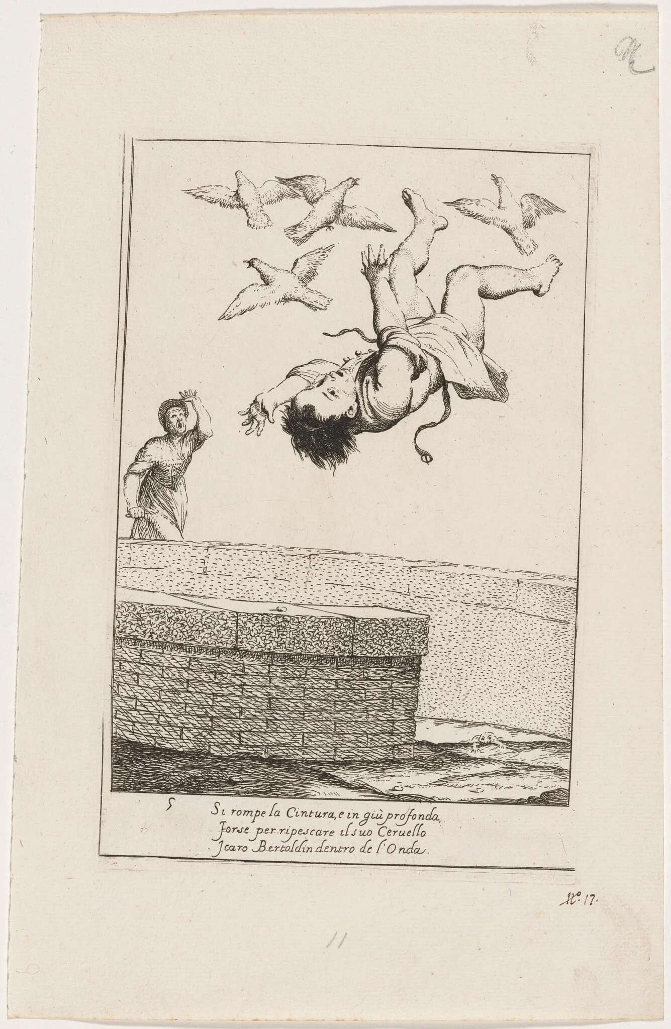 Bertoldino Falling into a Fish Pond, by Giuseppe Maria Crespi, ink, 1712