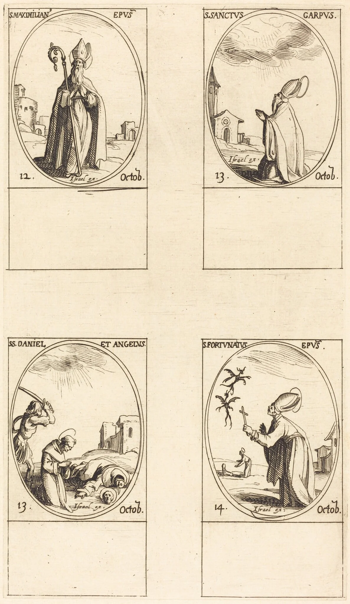 St. Maximilian; St. Carpus; St. Daniel and Angelus; St. Fortunatus, by Jacques Callot, ink, 1634