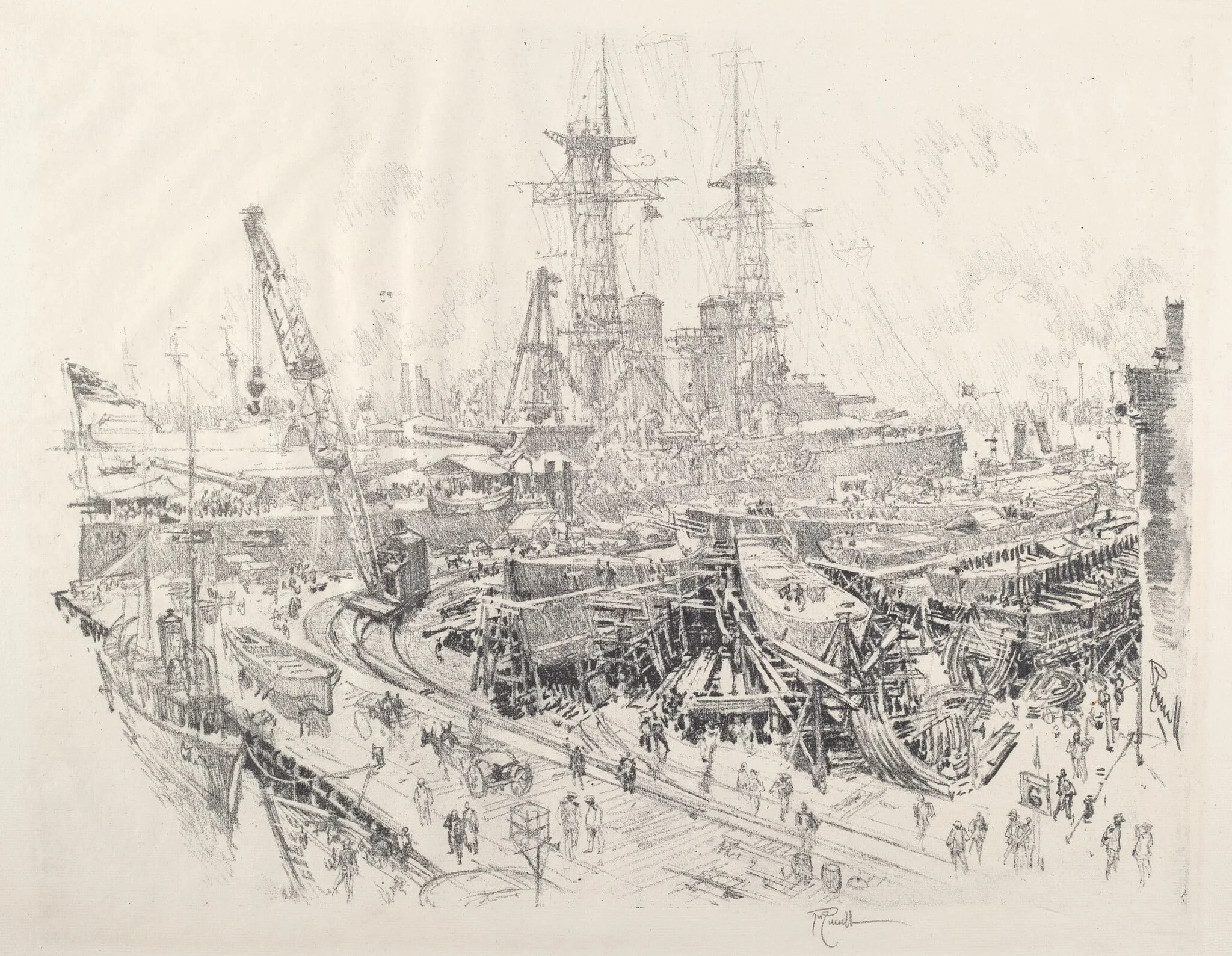 Building Submarine Chasers, by Joseph Pennell, ink, 1917