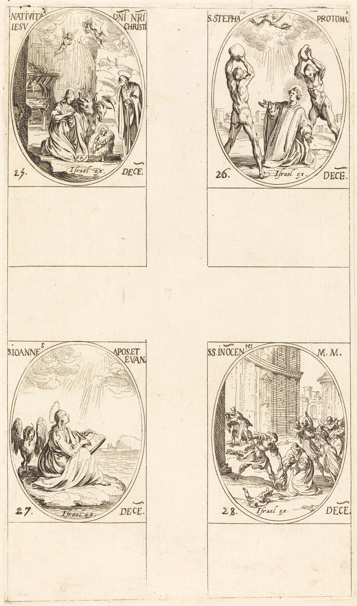 The Nativity; St. Stephen; St. John; Holy Innocents, by Jacques Callot, ink, 1634