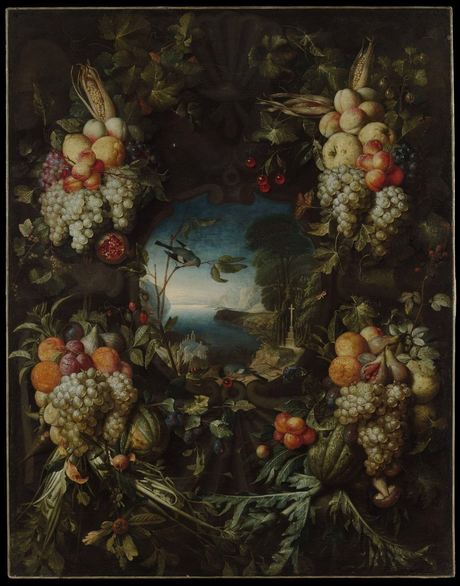 Garland of Fruit Surrounding a Cartouche Opening onto a Landscape