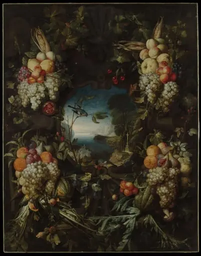 Garland of Fruit Surrounding a Cartouche Opening onto a Landscape