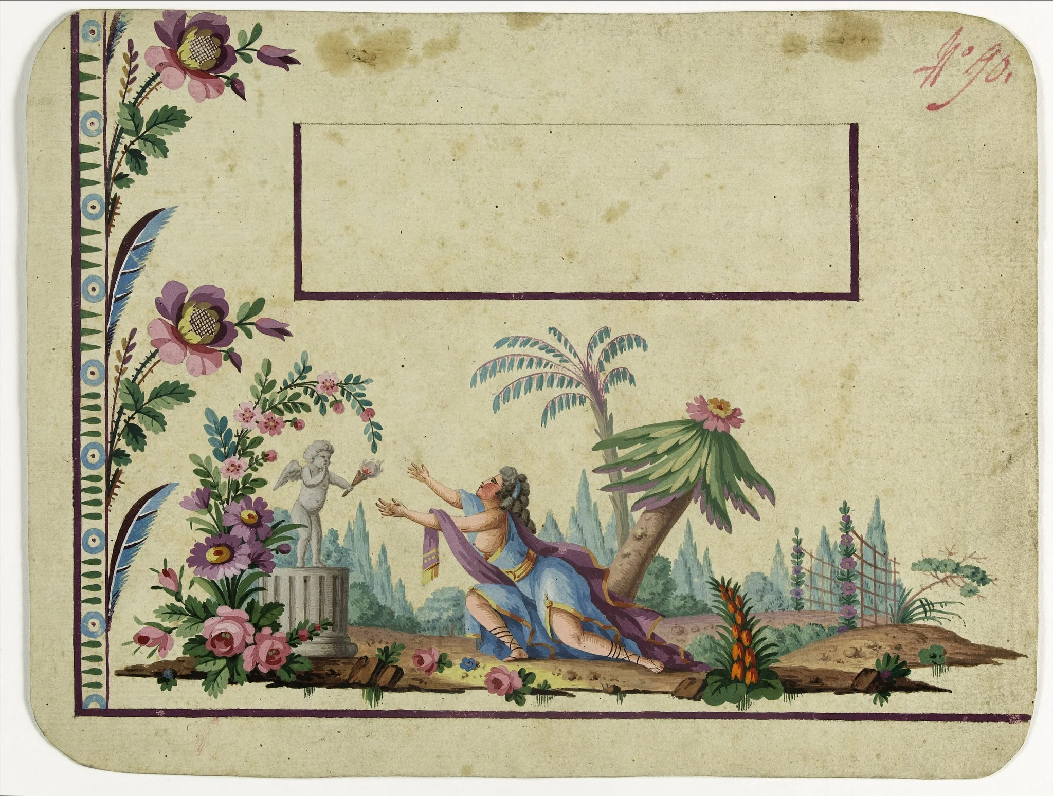 Gilet décor la déesse Flore avec un putti en pierre, projets de broderies de gilet, XVIIIème siècle, by Anonyme, 1750