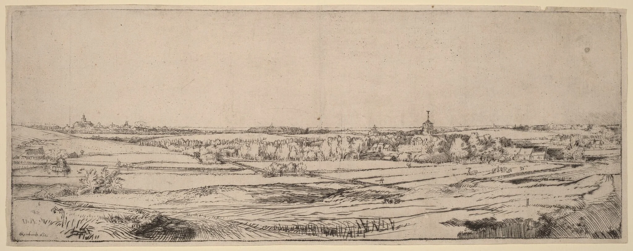 Landscape with a View toward Haarlem (The Goldweigher's Field), by Rembrandt, ink, 1651