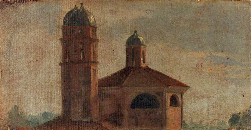The Upper Section of a Church with a Hexagonal Dome and Two Towers, by Luca Carlevarijs, oil, 1705