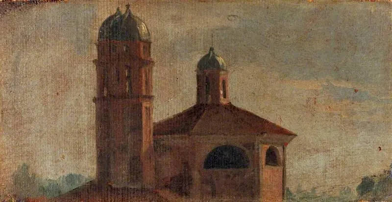 The Upper Section of a Church with a Hexagonal Dome and Two Towers