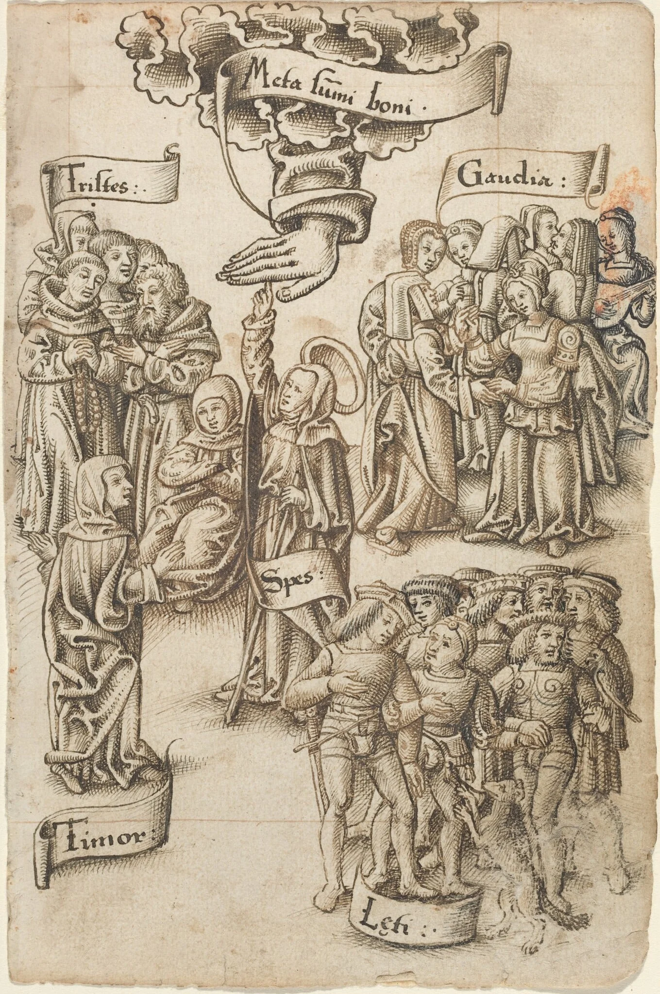 Hope, Reaching for Heaven, Stands among Sad and Happy Men, Joys, and Fear [fol. 19 recto], by French early 16th Century, ink, 1514
