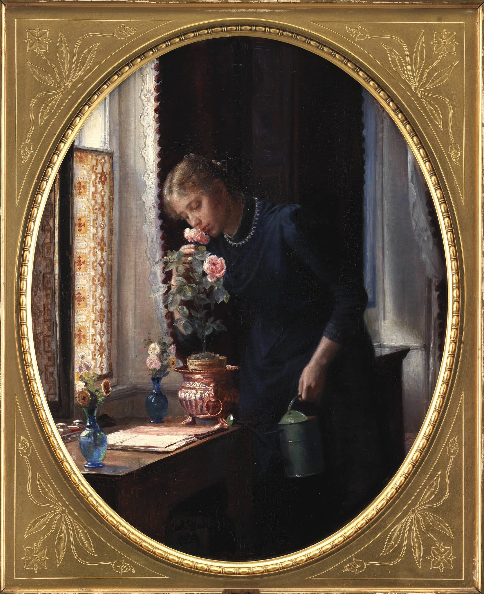 En ung pige, der lugter til en rose, by Unknown, 1889