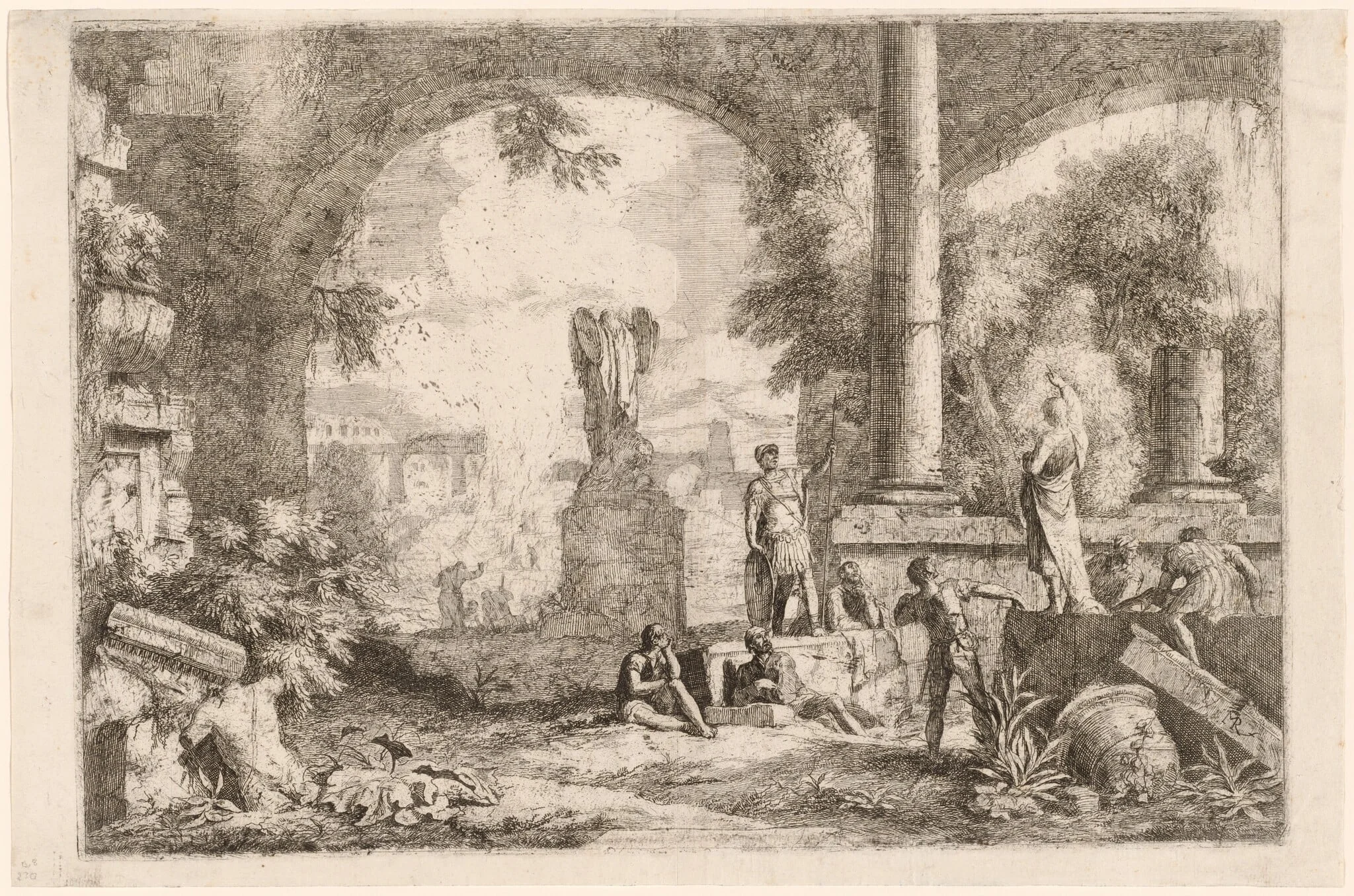Capriccio of Antique Ruins with Men Gazing at a Classical Orator, by Marco Ricci, ink, 1724