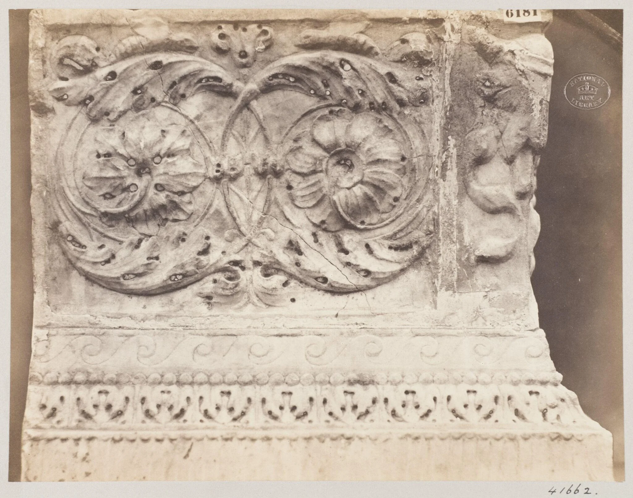 Marble portion of a sacophagus ornamented with bas-relief foliage, by Louise Laffon, photographic, 1864