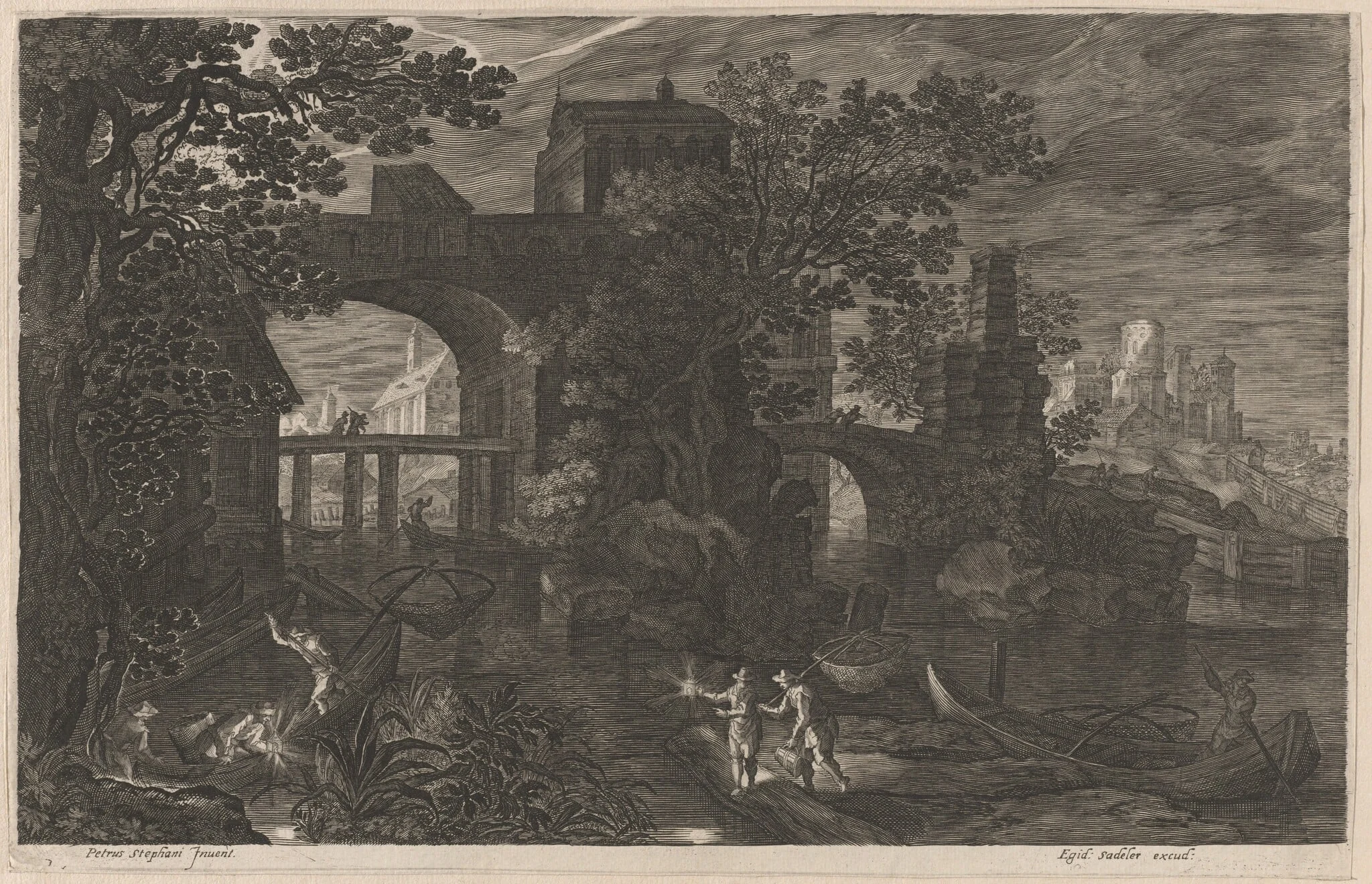 Night Fishing near Fortified Bridges, by Aegidius Sadeler II, ink, 1608