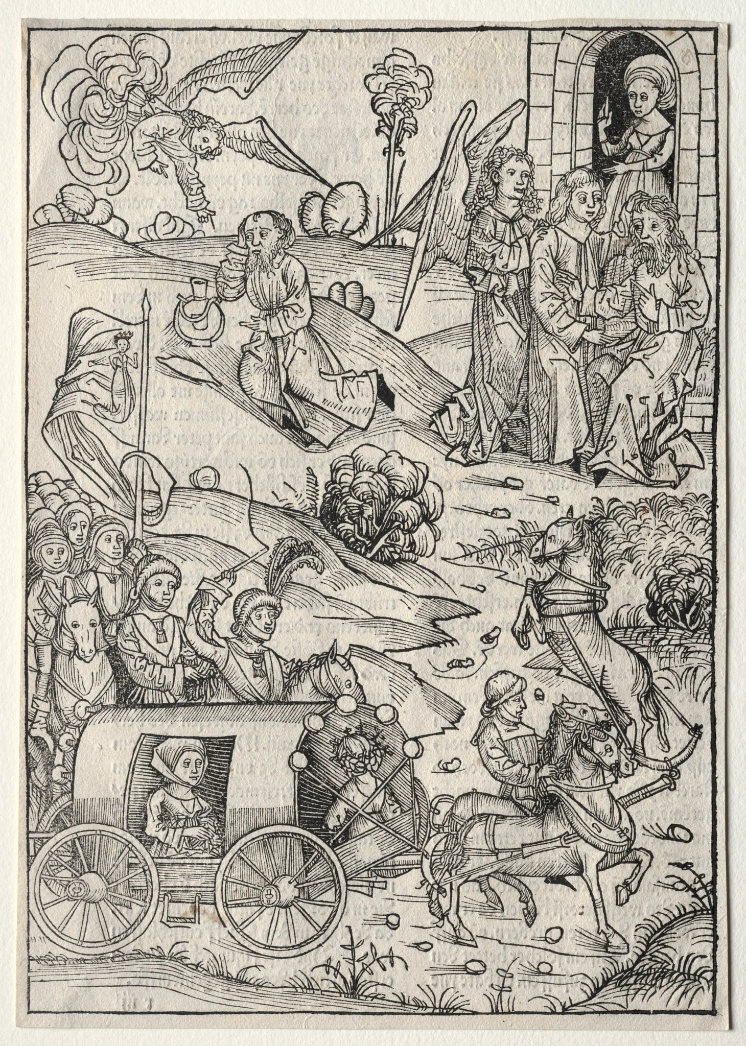 Der Schatzbehalter:  The Return of Tobias to Tobit; The Arrival of Tobias' Wife; The Angel Bringing Food and Drink to Elijah in the Desert, by Michael Wolgemut, 1491