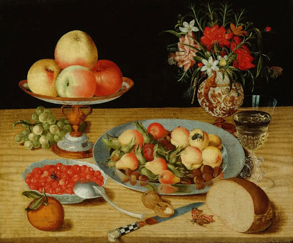 Still life with fruit, wine glass and vase of flowers