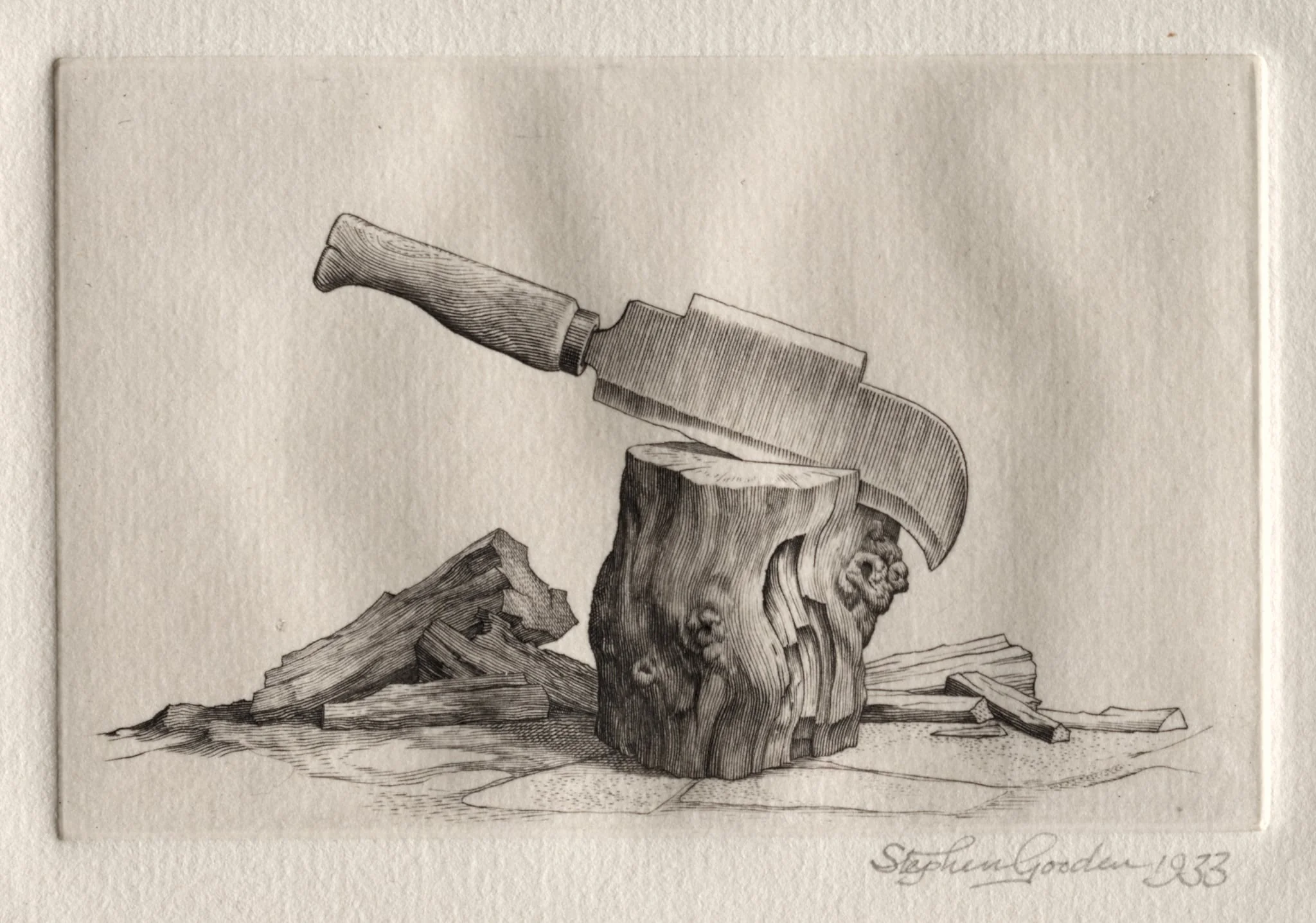 Illustration for "Peronnik the Fool":  A Bill and a Wooden Block, by Stephen Gooden, 1933