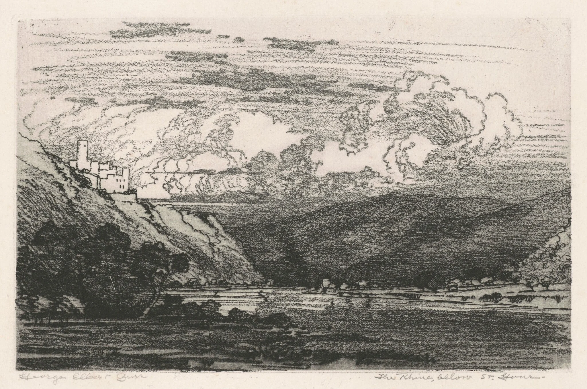 The Rhine, below St. Goar, by George Elbert Burr, ink, 1915
