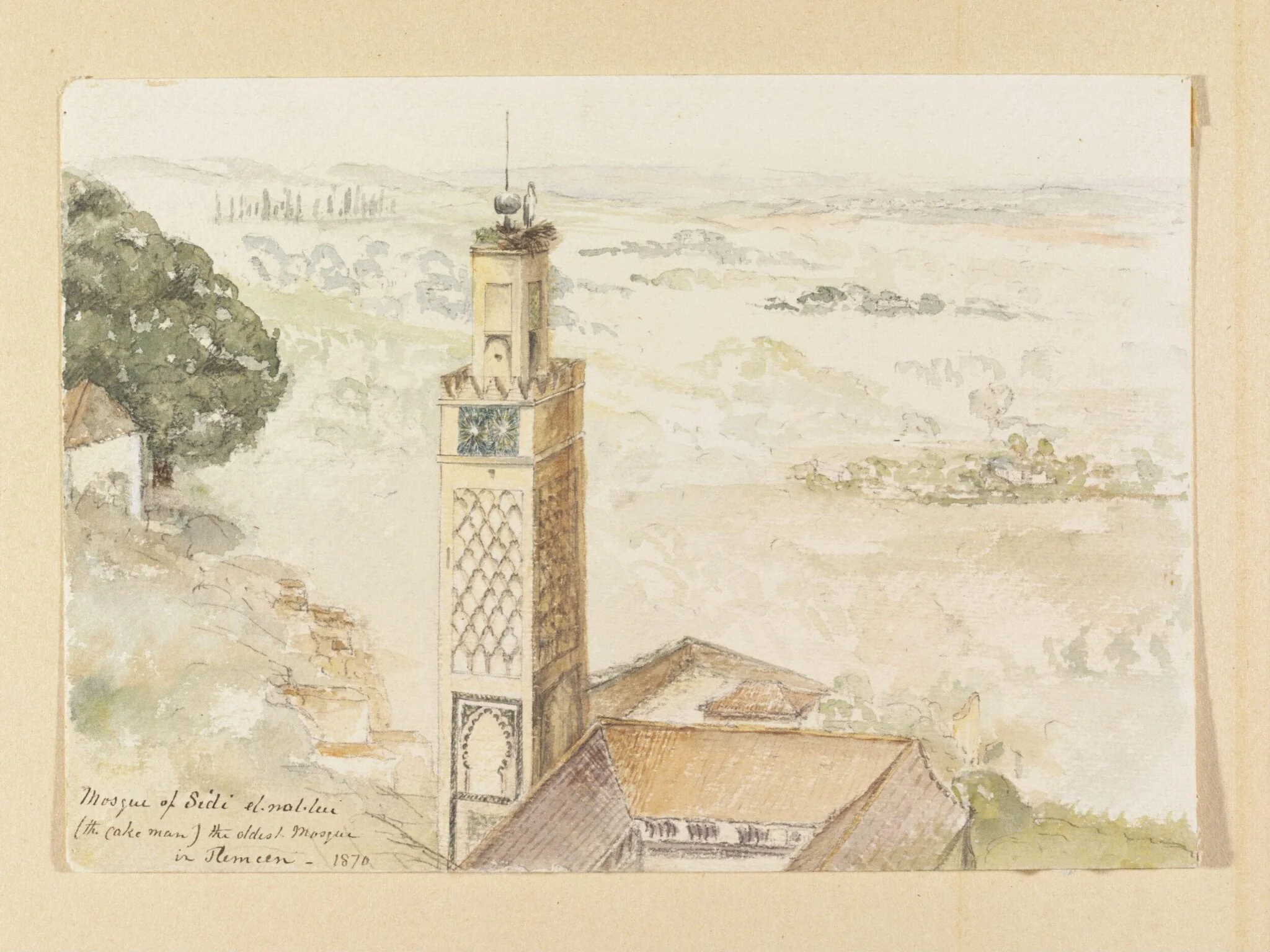 Mosque of Sidi el-hal-lui [Saiyyid al-Halawi] (the cake man) the oldest mosque in Tlemcen, by John Baptist Joseph Dormer, watercolor, 1870