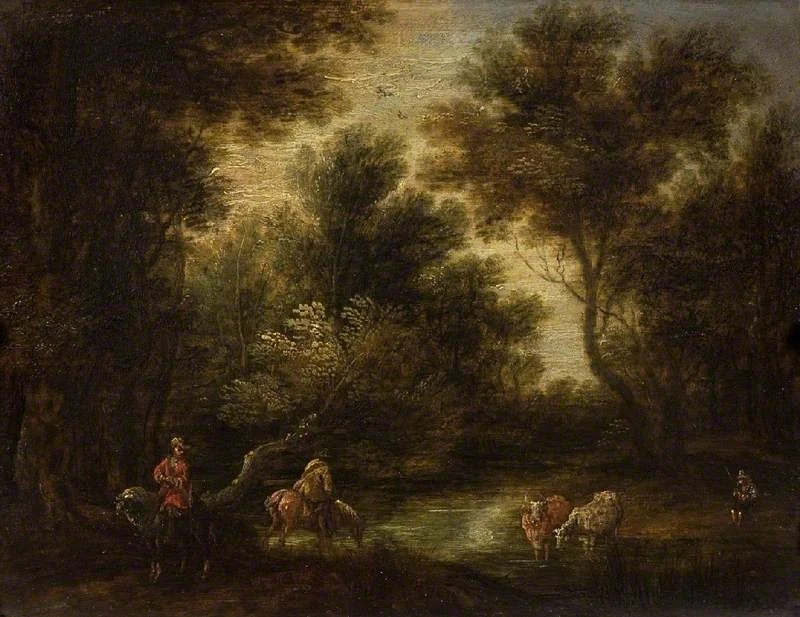 Wooded landscape with stream and figures