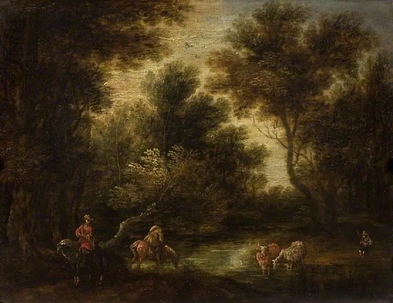 Wooded landscape with stream and figures