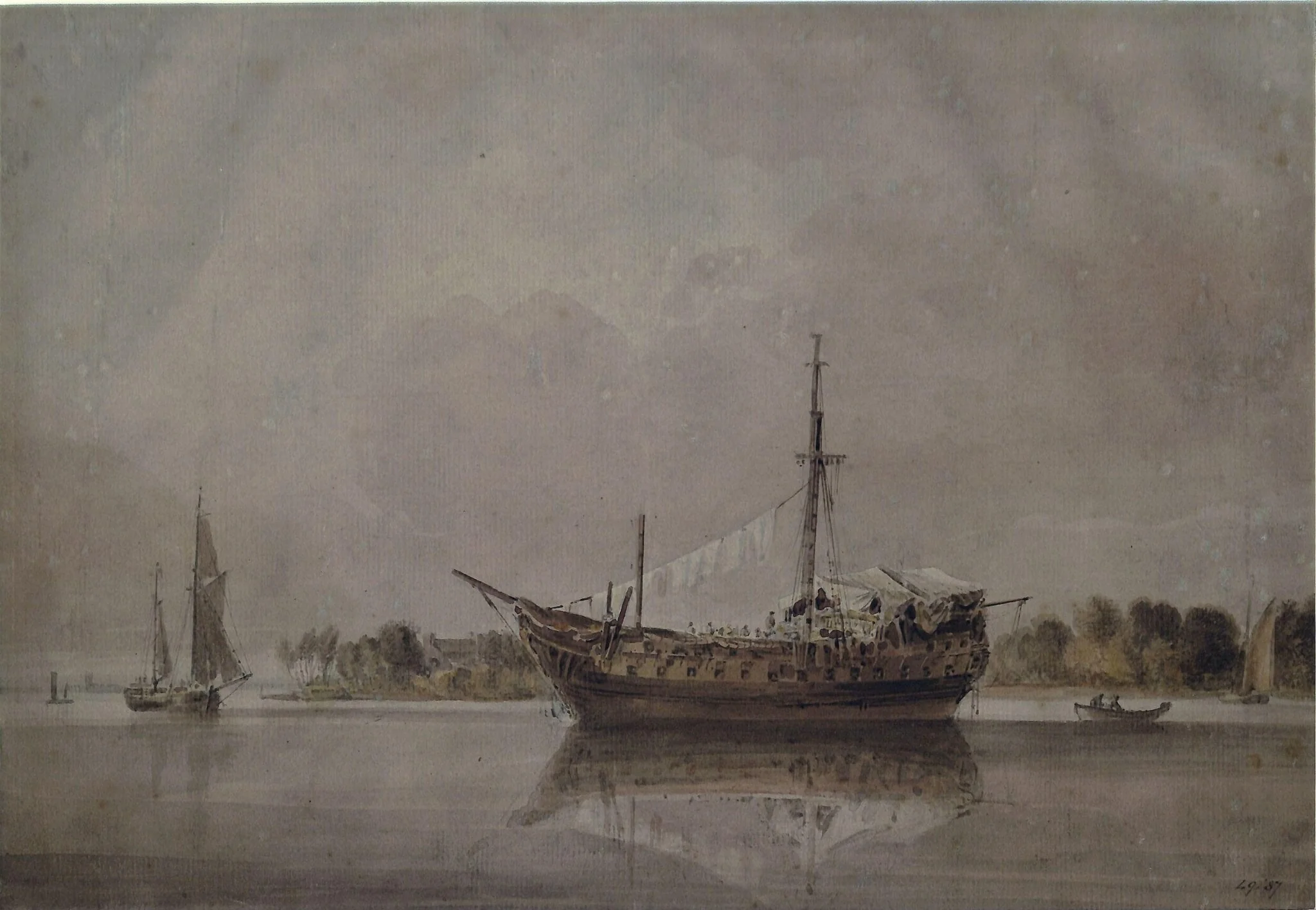 Dismantled vessel lying at anchor off a low point of land, by Francia, watercolor, 1795