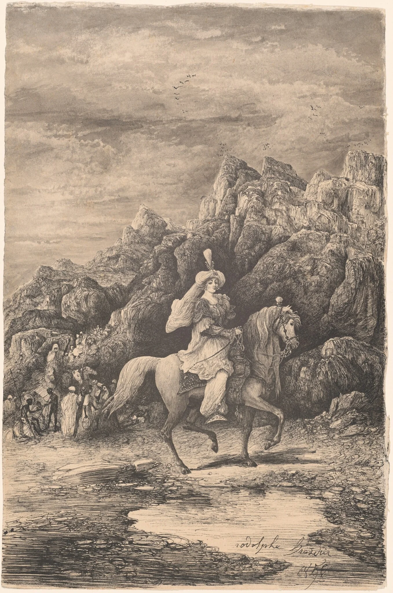 Oriental Horsewoman in a Desolate Mountain Landscape