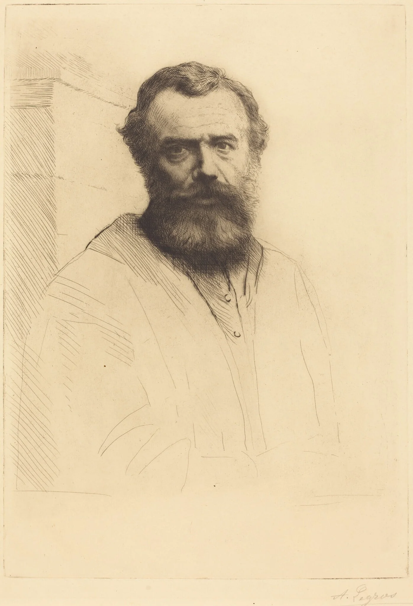 Self-Portrait, 3rd plate, by Alphonse Legros, ink, 1880