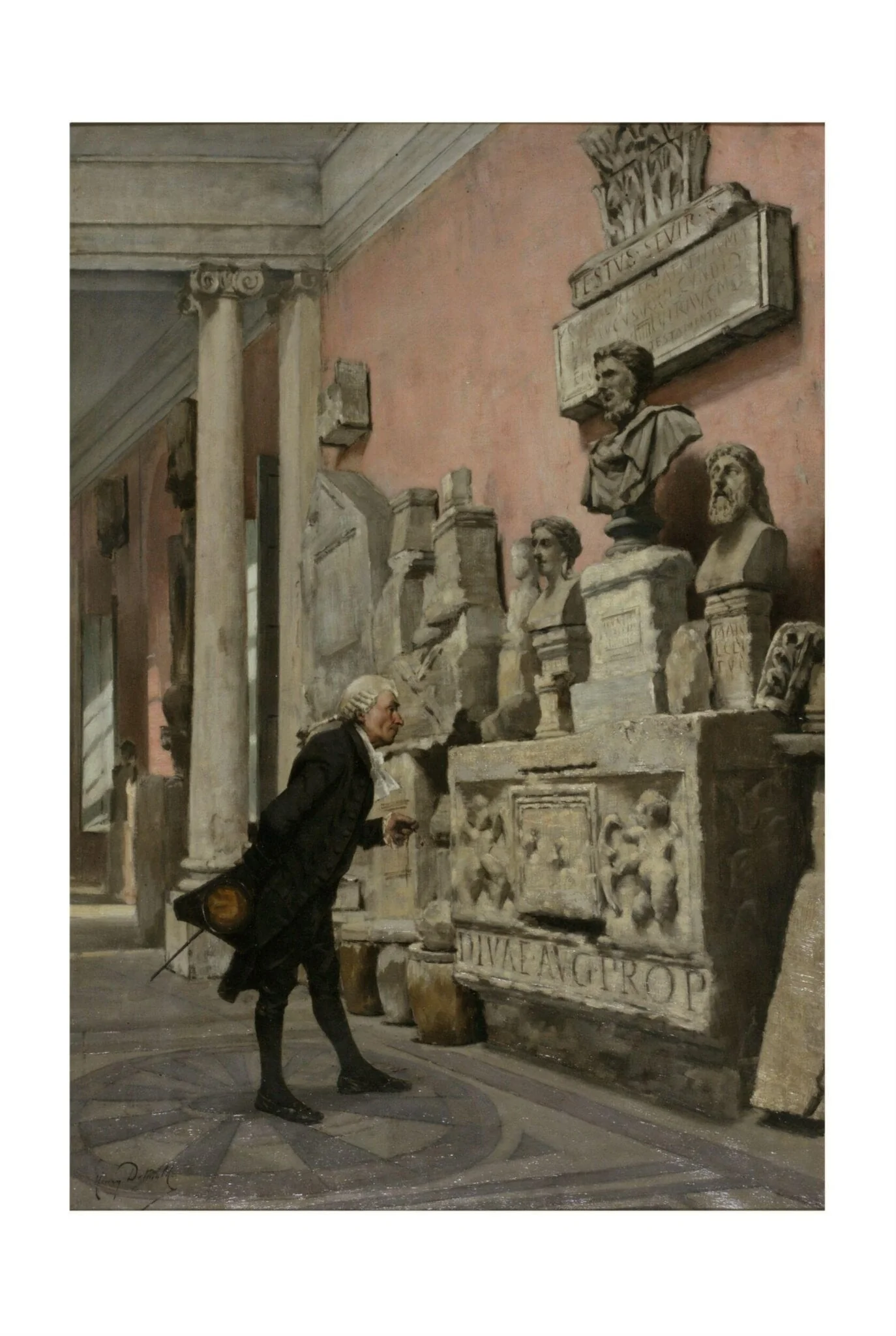 The Archaeologist: Interior of the Musée Calvet, Avignon with a Man Examining Sculpture, by Henry Edward Detmold, oil, 1880