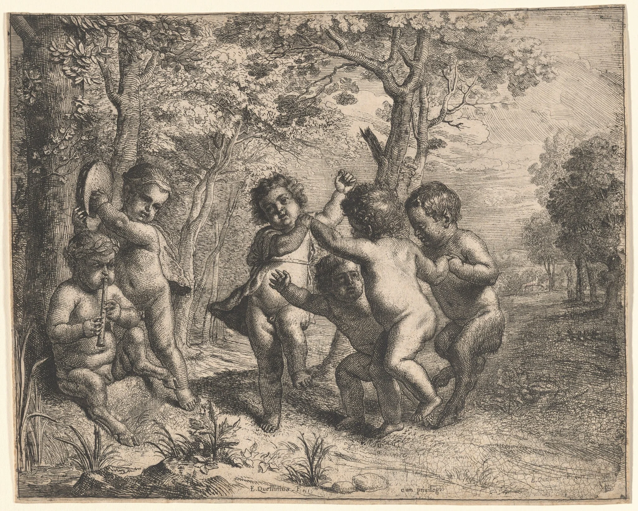 Four Dancing Children and Two Making Music, by Erasmus Quellinus II, ink, 1645