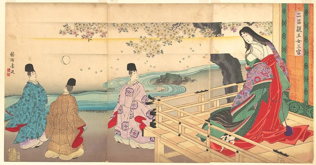 二品親王女三宮|The Third Princess and Kashiwagi, from Chapter 34, “New Herbs I (Wakana I)” (Nihon shinnō onna sannomiya), by Yōshū (Hashimoto) Chikanobu, ink, 1890
